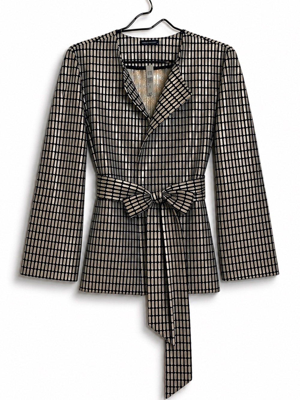 Josie Natori | NWT Tan Black Woven Metal Belted Kimono Style Jacket M MSRP $795 - Picture 1 of 17